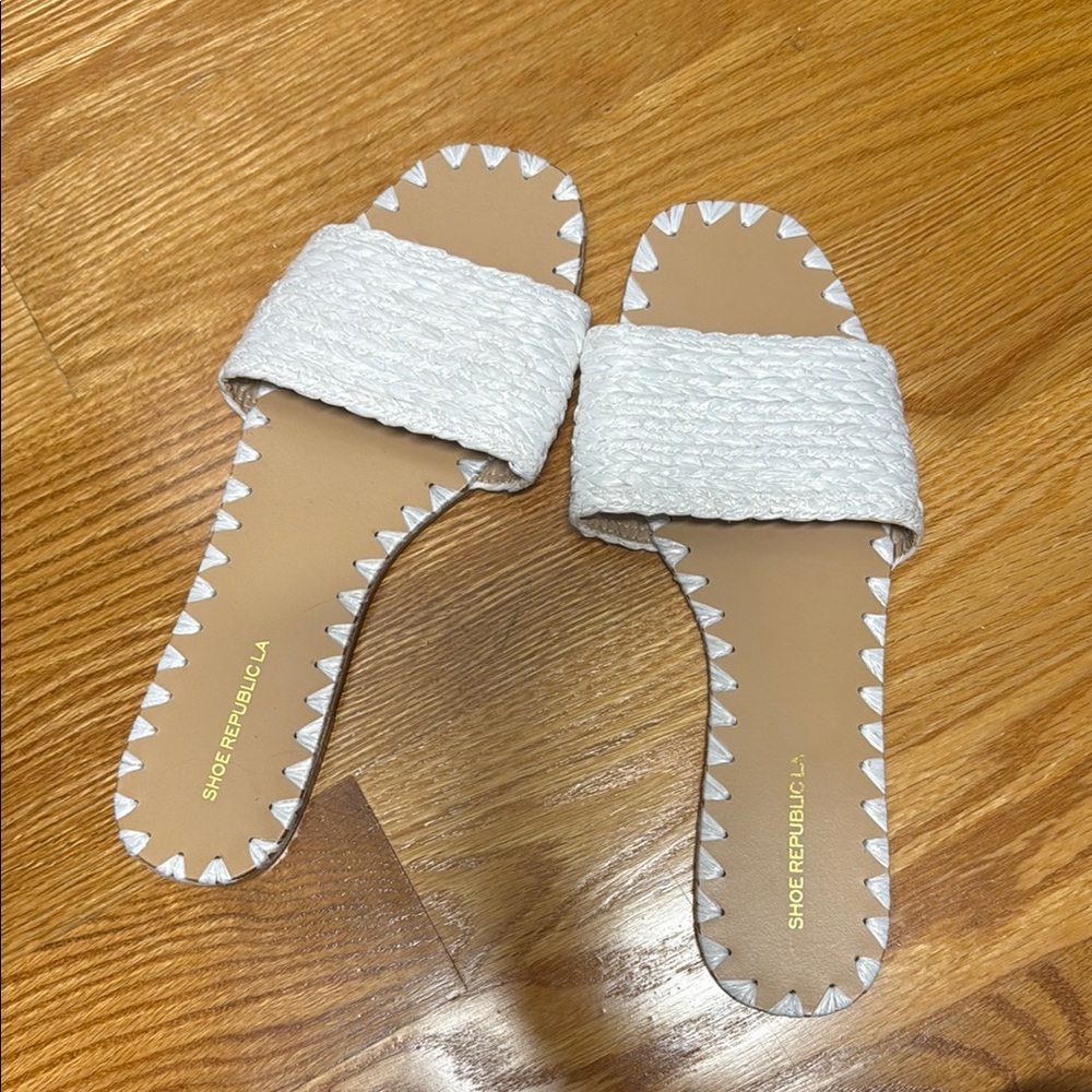 Shoe Republic White and Tan Slide Sandals